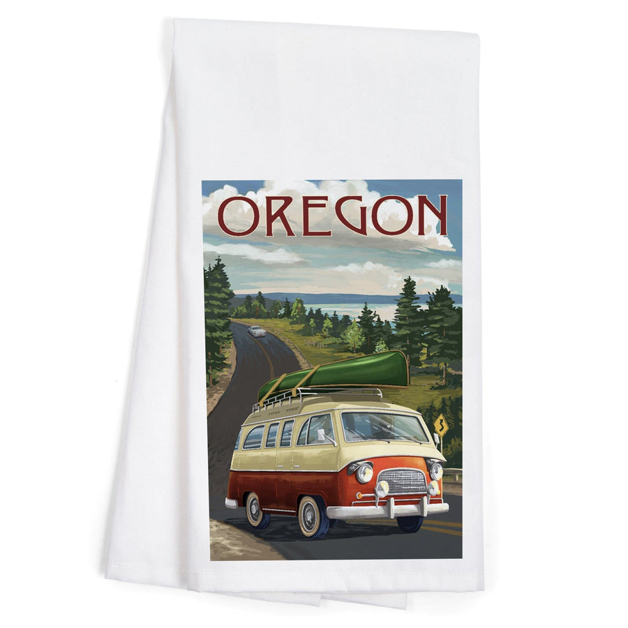 Oregon, LP Camper Van and Lake, Organic Cotton Kitchen Tea Towels Kitchen Lantern Press 