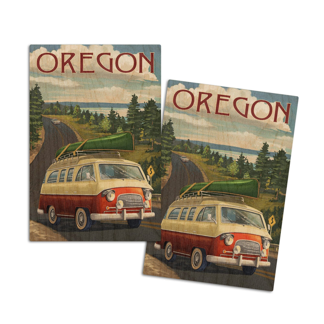 Oregon, LP Camper Van & Lake, Lantern Press Artwork, Wood Signs and Postcards Wood Lantern Press 4x6 Wood Postcard Set 