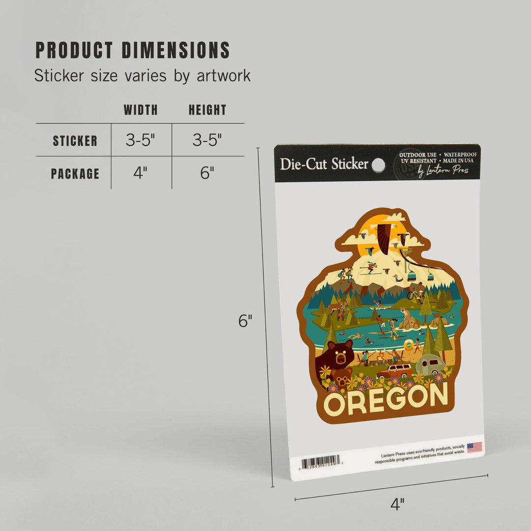 Oregon, Mountain and Lake, Geometric, Contour, Vinyl Sticker Sticker Lantern Press 