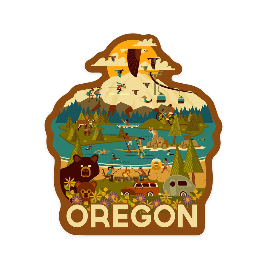 Oregon, Mountain and Lake, Geometric, Contour, Vinyl Sticker Sticker Lantern Press 