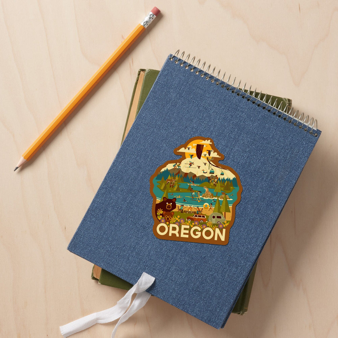 Oregon, Mountain and Lake, Geometric, Contour, Vinyl Sticker Sticker Lantern Press 