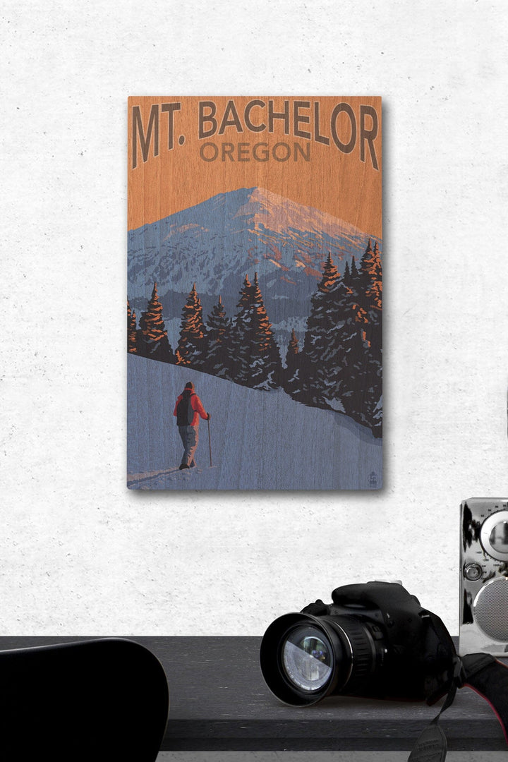 Oregon, Mt. Bachelor and Skier, Lantern Press Artwork, Wood Signs and Postcards Wood Lantern Press 12 x 18 Wood Gallery Print 