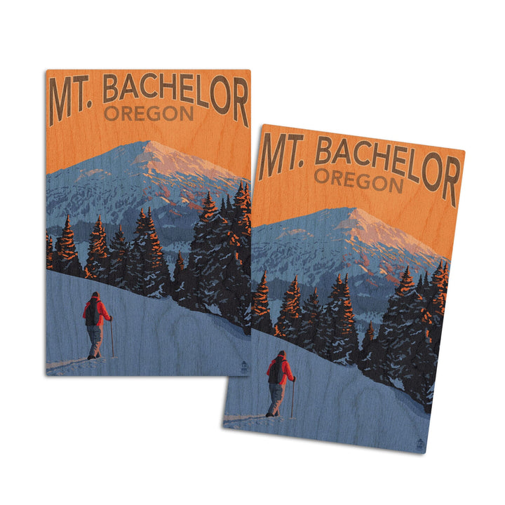 Oregon, Mt. Bachelor and Skier, Lantern Press Artwork, Wood Signs and Postcards Wood Lantern Press 4x6 Wood Postcard Set 