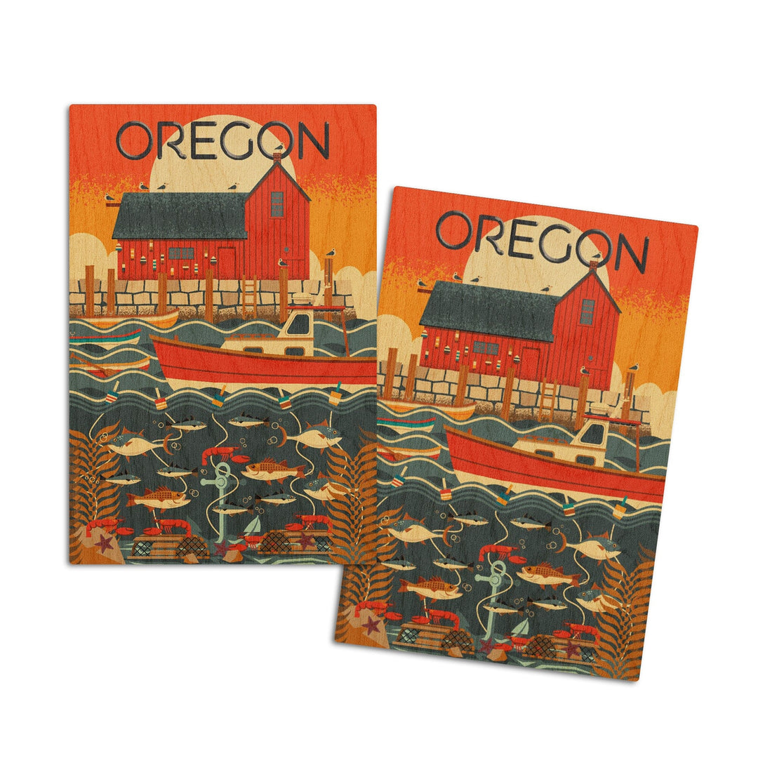 Oregon, Nautical Geometric, Lantern Press Artwork, Wood Signs and Postcards Wood Lantern Press 4x6 Wood Postcard Set 