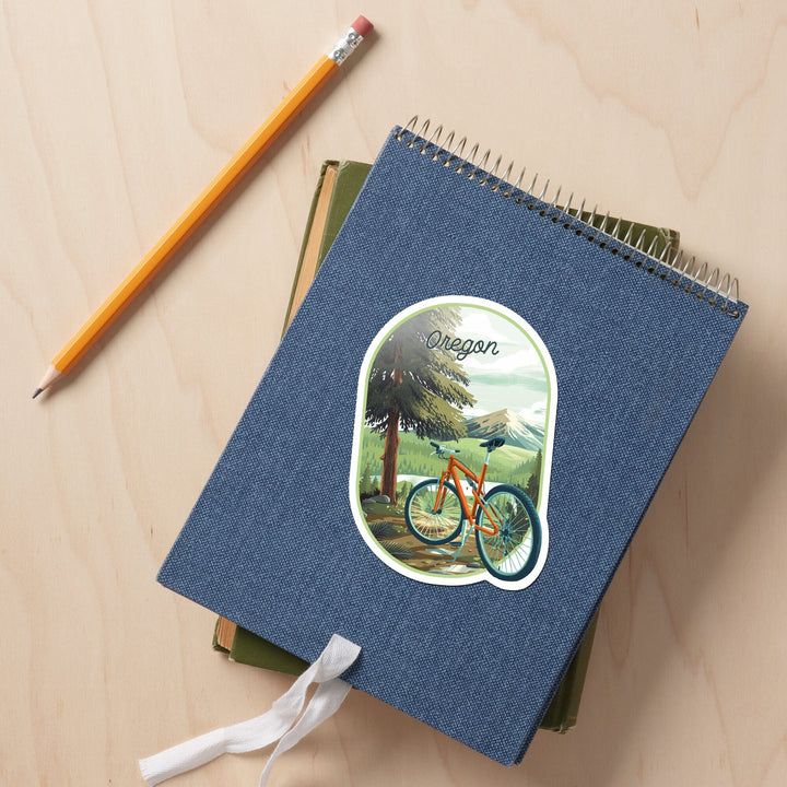 Oregon, Off To Wander, Cycling with Mountains, Contour, Vinyl Sticker Sticker Lantern Press 
