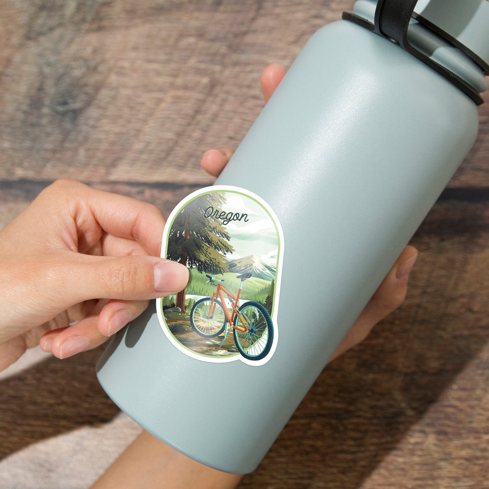Oregon, Off To Wander, Cycling with Mountains, Contour, Vinyl Sticker Sticker Lantern Press 