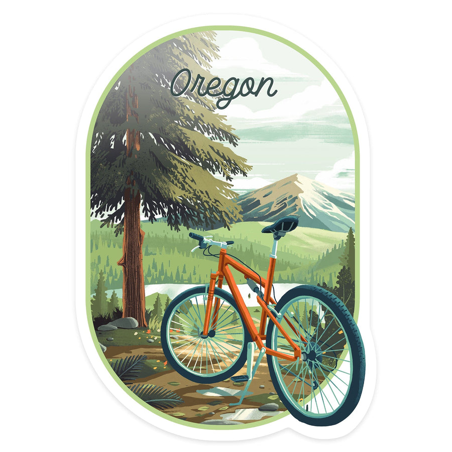 Oregon, Off To Wander, Cycling with Mountains, Contour, Vinyl Sticker Sticker Lantern Press 