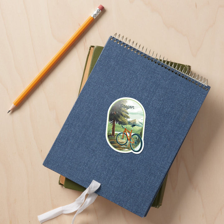 Oregon, Off To Wander, Cycling with Mountains, Contour, Vinyl Sticker Sticker Lantern Press 