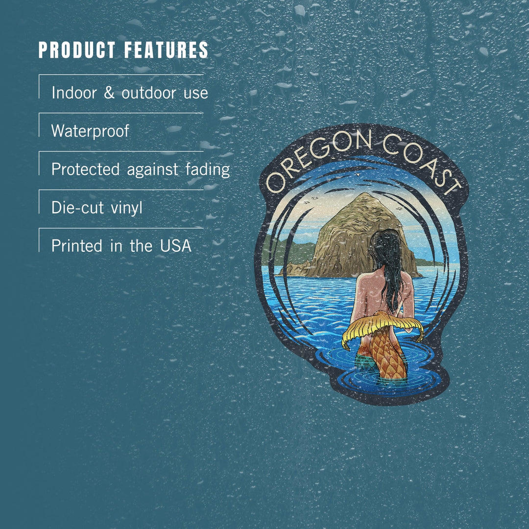 Oregon, Oregon Coast, Mermaid and Haystack Rock, Woodblock, Contour, Vinyl Sticker Sticker Lantern Press 