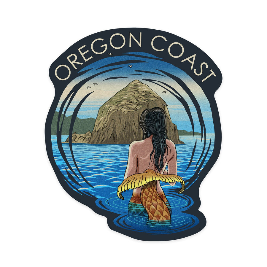 Oregon, Oregon Coast, Mermaid and Haystack Rock, Woodblock, Contour, Vinyl Sticker Sticker Lantern Press 