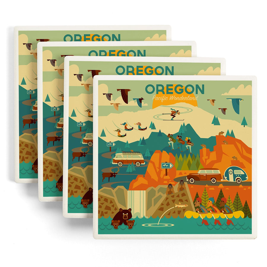 Oregon, Pacific Wonderland, Geometric, Lantern Press Artwork, Coaster Set Coasters Lantern Press 