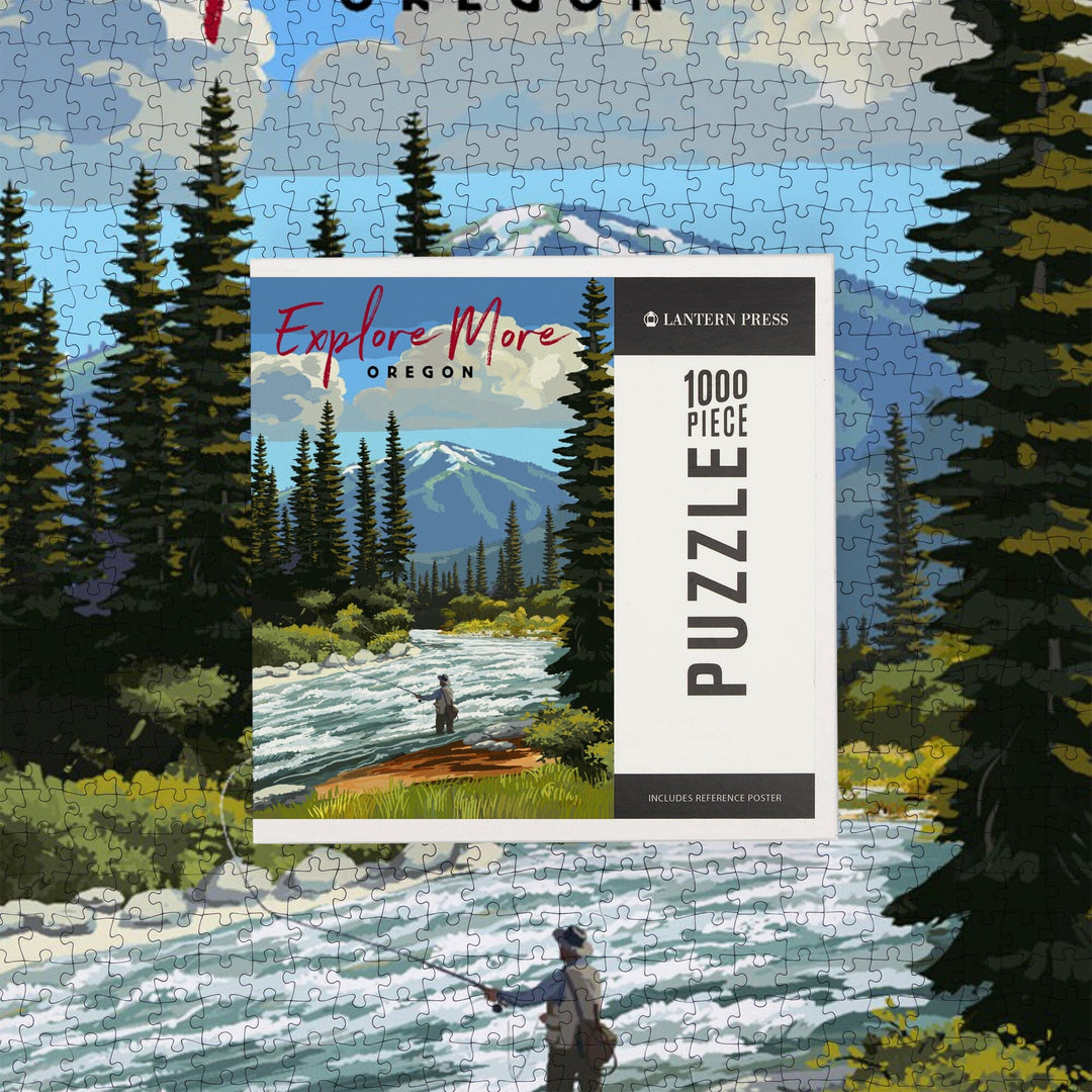 Oregon, Painterly, Explore More, Fly Fisherman and River Rapids Puzzle Lantern Press 