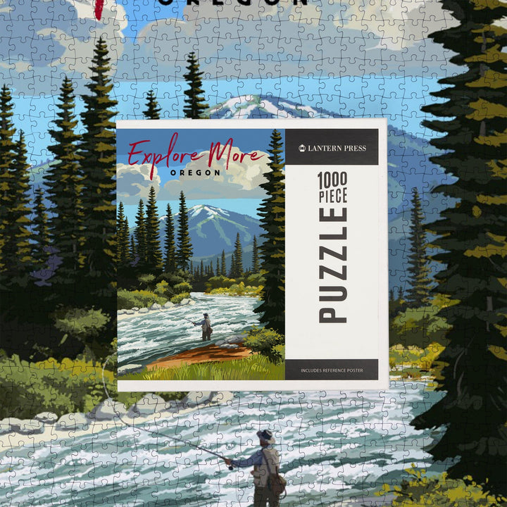 Oregon, Painterly, Explore More, Fly Fisherman and River Rapids Puzzle Lantern Press 
