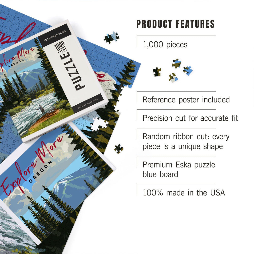 Oregon, Painterly, Explore More, Fly Fisherman and River Rapids Puzzle Lantern Press 