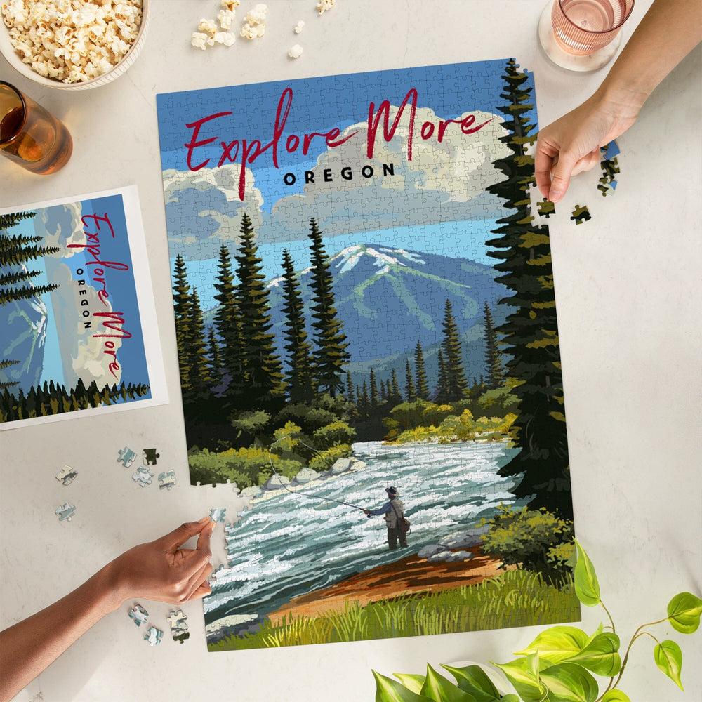 Oregon, Painterly, Explore More, Fly Fisherman and River Rapids Puzzle Lantern Press 