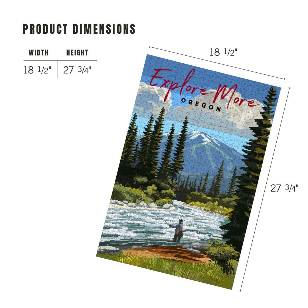 Oregon, Painterly, Explore More, Fly Fisherman and River Rapids Puzzle Lantern Press 