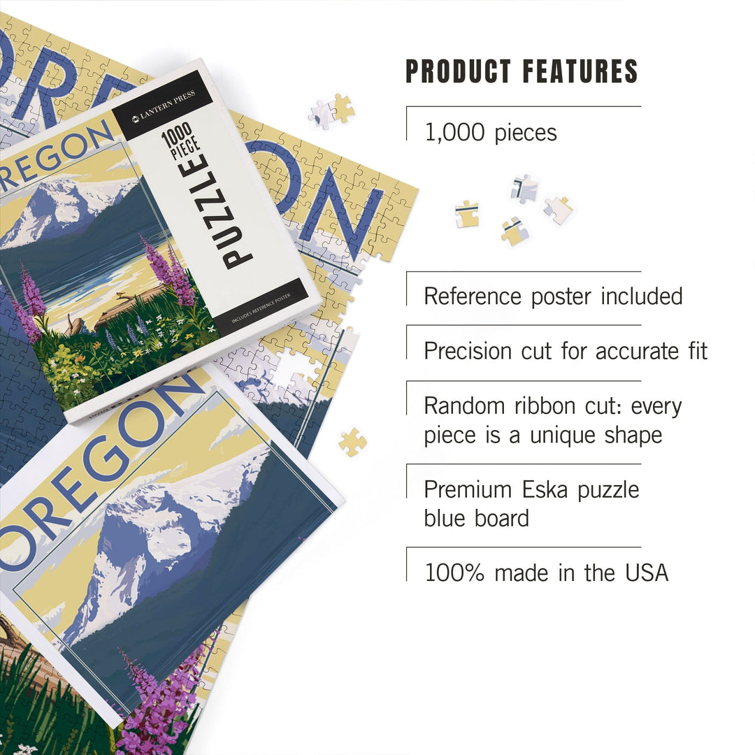 Oregon, Painterly, Mountain and Lake, Jigsaw Puzzle Puzzle Lantern Press 