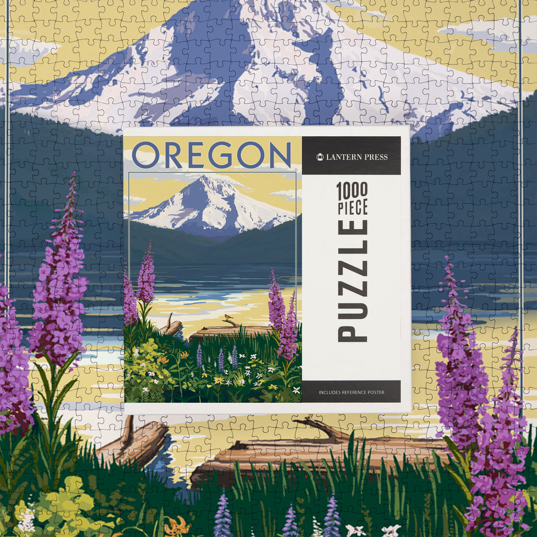Oregon, Painterly, Mountain and Lake, Jigsaw Puzzle Puzzle Lantern Press 