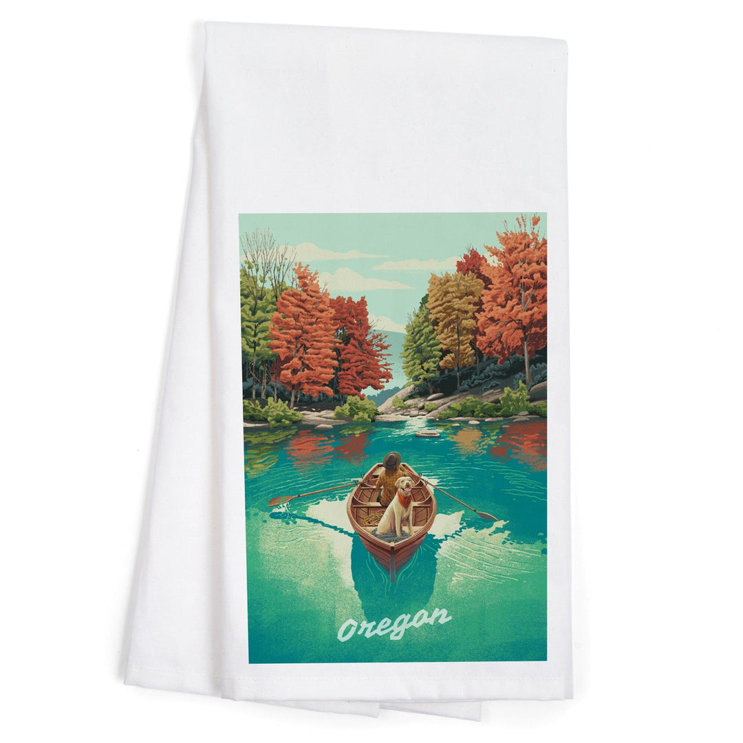 Oregon, Quiet Explorer, Boating, Mountain, Fall, Organic Cotton Kitchen Tea Towels Kitchen Lantern Press 