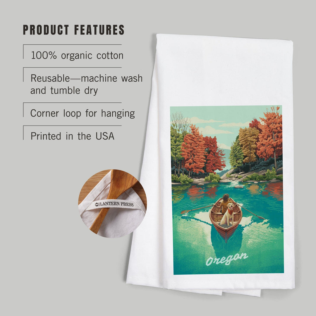 Oregon, Quiet Explorer, Boating, Mountain, Fall, Organic Cotton Kitchen Tea Towels Kitchen Lantern Press 