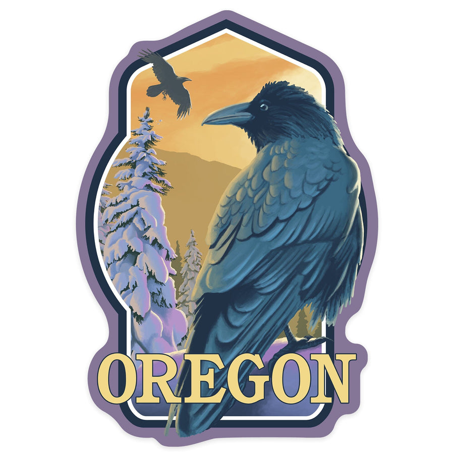 Oregon, Ravens & Sunset, Contour, Lantern Press Artwork, Vinyl Sticker Sticker Lantern Press 