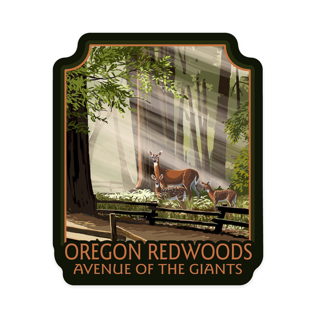 Oregon Redwoods, Avenue of the Giants, Deer and Fawns, Contour, Vinyl Sticker Sticker Lantern Press 