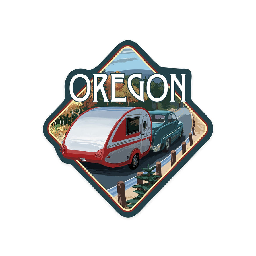 Oregon, Retro Camper on Road, Contour, Lantern Press Artwork, Vinyl Sticker Sticker Lantern Press 
