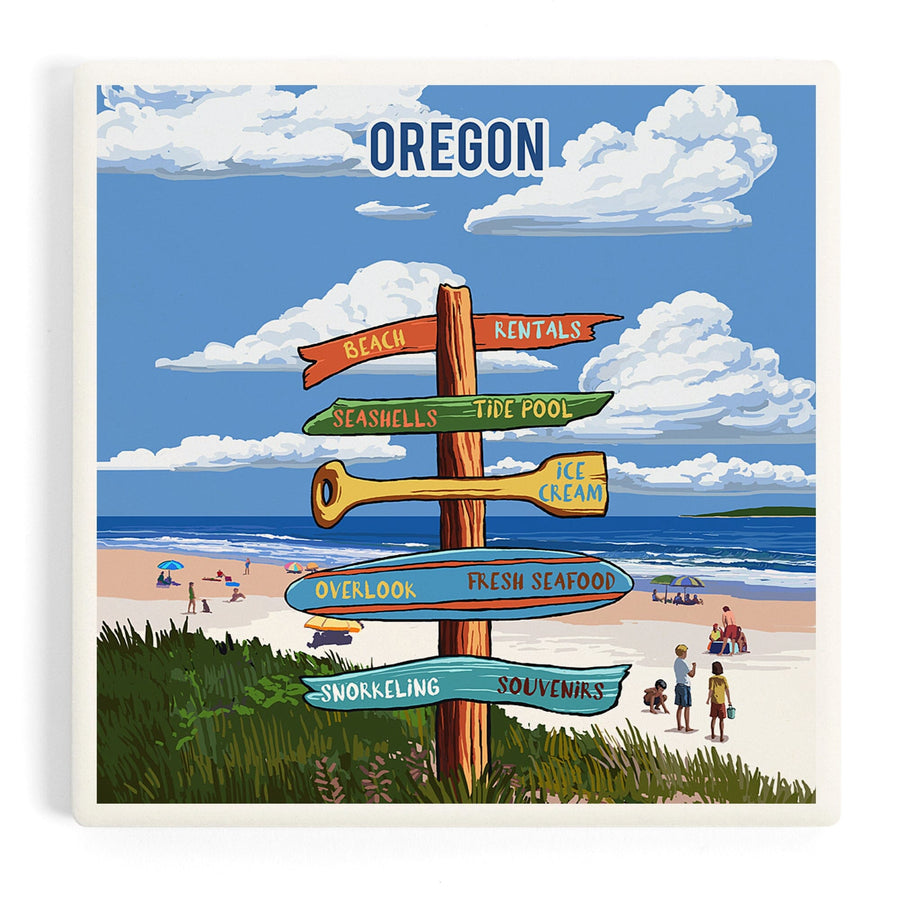 Oregon, Signpost, Coast Beach with Umbrellas, Coasters Coasters Lantern Press 