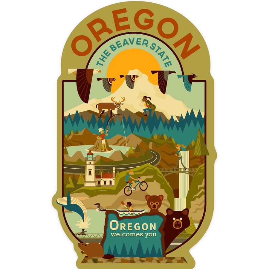 Oregon, The Beaver State, Geometric, Contour, Lantern Press Artwork, Vinyl Sticker Sticker Lantern Press 
