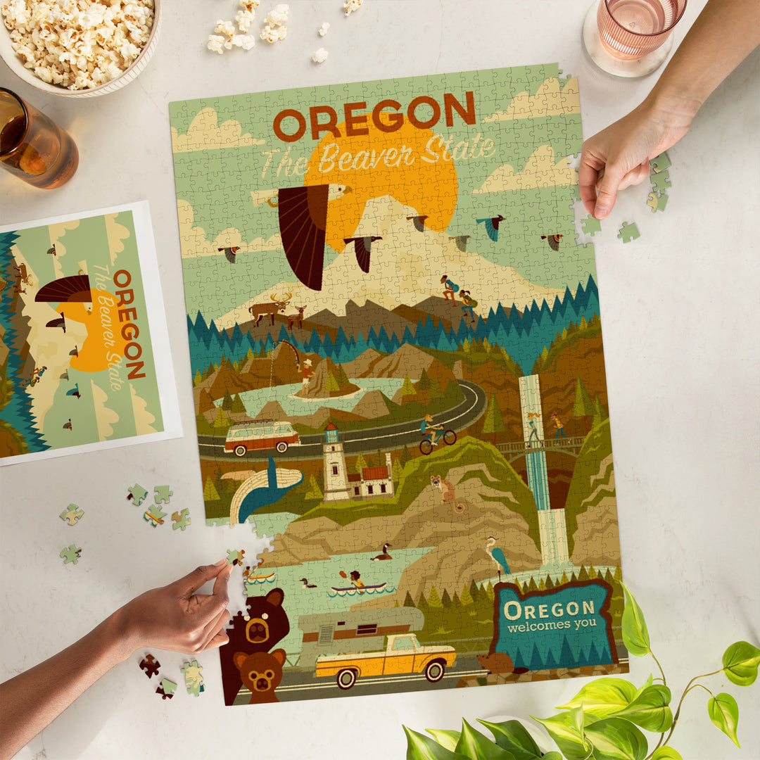Oregon, The Beaver State, Geometric, Jigsaw Puzzle Puzzle Lantern Press 
