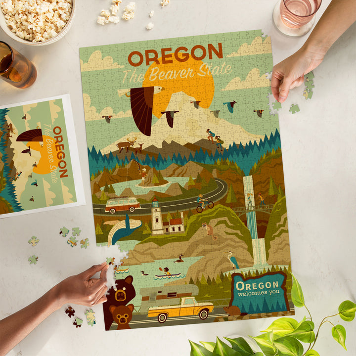 Oregon, The Beaver State, Geometric, Jigsaw Puzzle Puzzle Lantern Press 