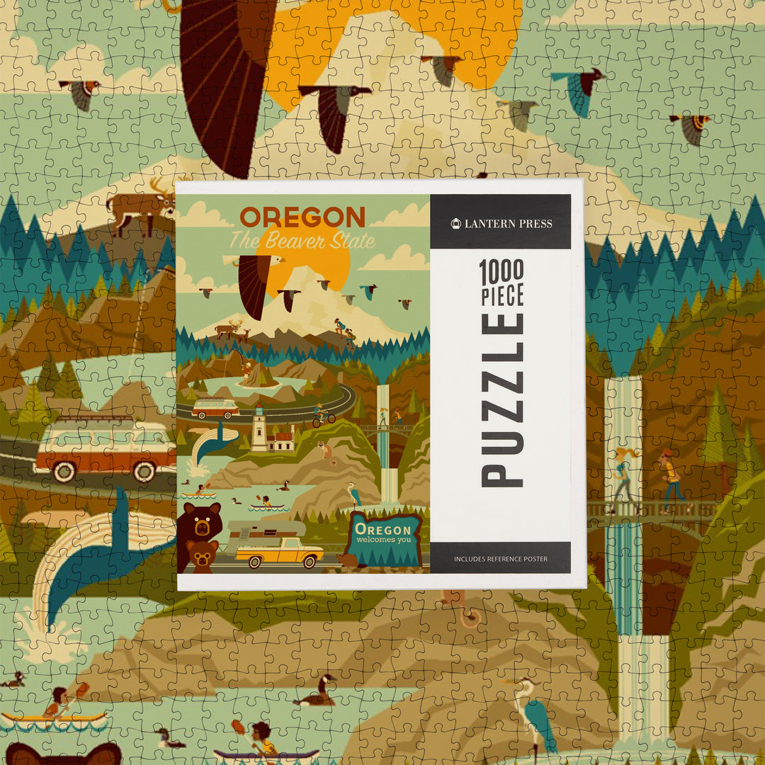 Oregon, The Beaver State, Geometric, Jigsaw Puzzle Puzzle Lantern Press 