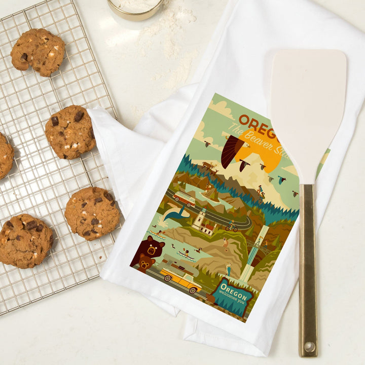 Oregon, The Beaver State, Geometric, Organic Cotton Kitchen Tea Towels Kitchen Lantern Press 
