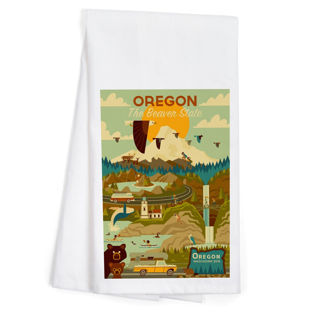 Oregon, The Beaver State, Geometric, Organic Cotton Kitchen Tea Towels Kitchen Lantern Press 