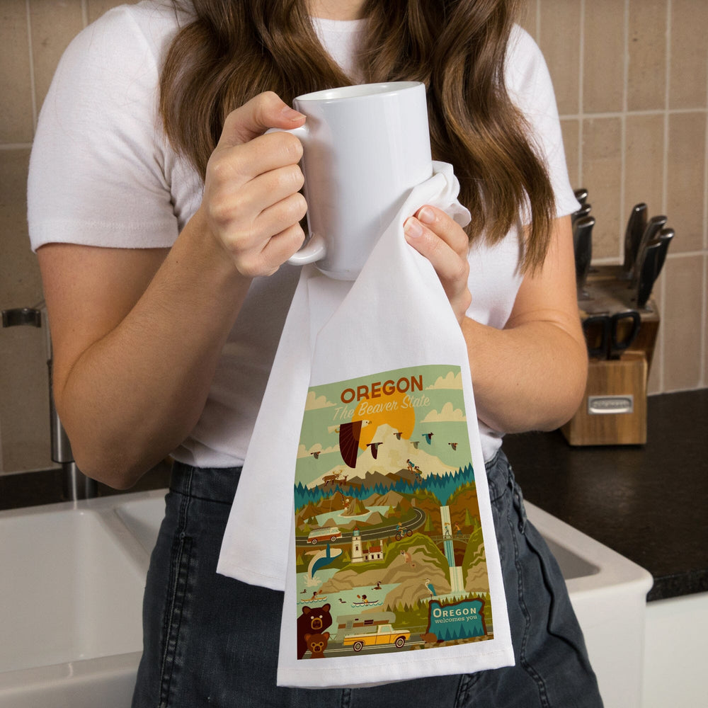 Oregon, The Beaver State, Geometric, Organic Cotton Kitchen Tea Towels Kitchen Lantern Press 
