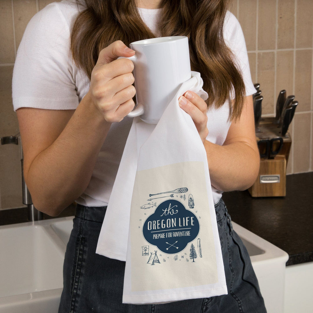 Oregon, The Oregon Life, River and Camping Collage, Contour, Organic Cotton Kitchen Tea Towels Kitchen Lantern Press 
