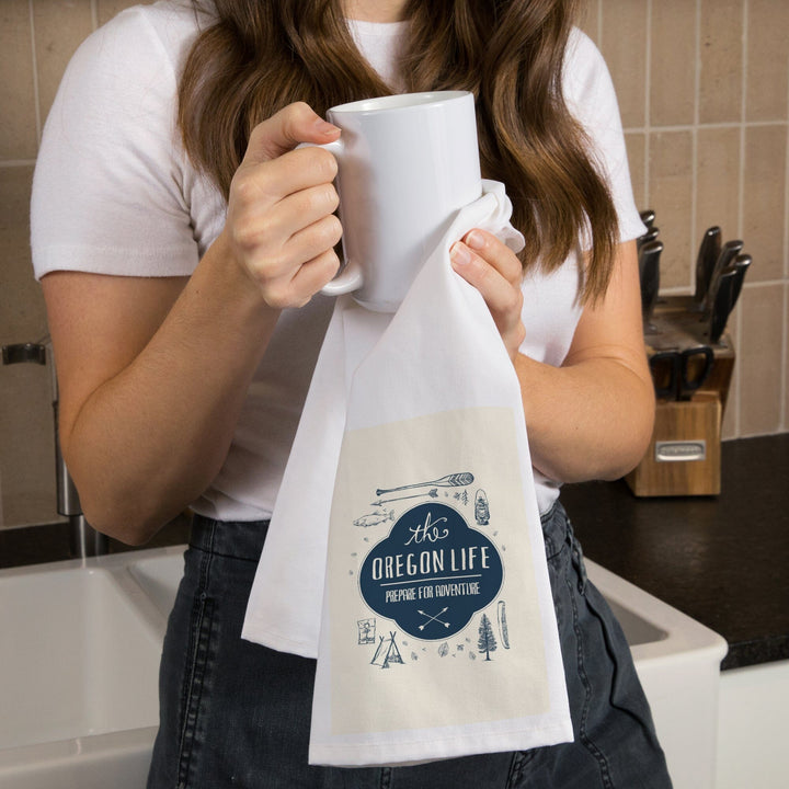 Oregon, The Oregon Life, River and Camping Collage, Contour, Organic Cotton Kitchen Tea Towels Kitchen Lantern Press 