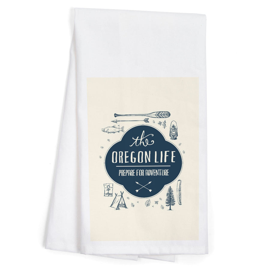 Oregon, The Oregon Life, River and Camping Collage, Contour, Organic Cotton Kitchen Tea Towels Kitchen Lantern Press 