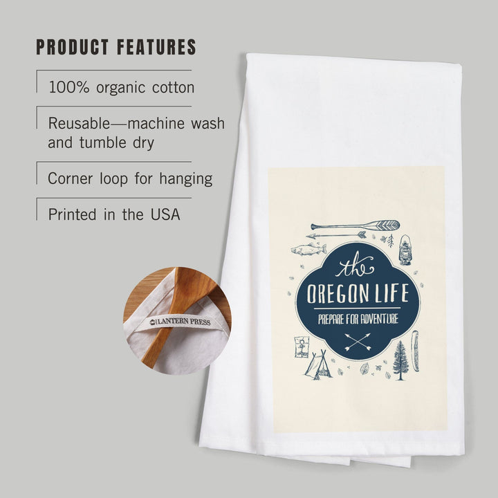 Oregon, The Oregon Life, River and Camping Collage, Contour, Organic Cotton Kitchen Tea Towels Kitchen Lantern Press 