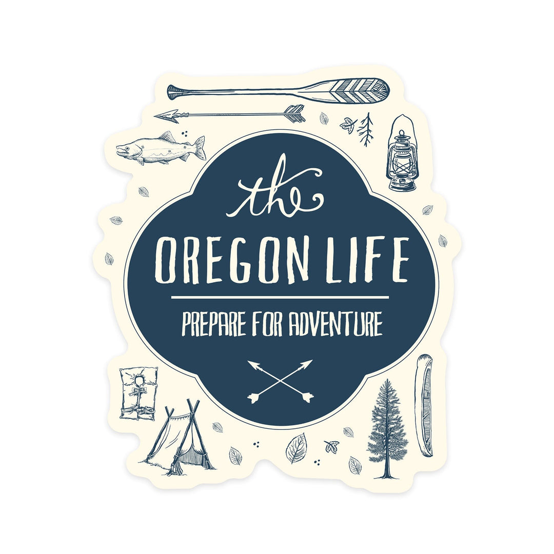 Oregon, The Oregon Life, River & Camping Collage, Contour, Lantern Press Artwork, Vinyl Sticker Sticker Lantern Press 