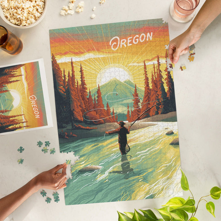 Oregon, This is Living, Fishing with Mountain, Jigsaw Puzzle Puzzle Lantern Press 