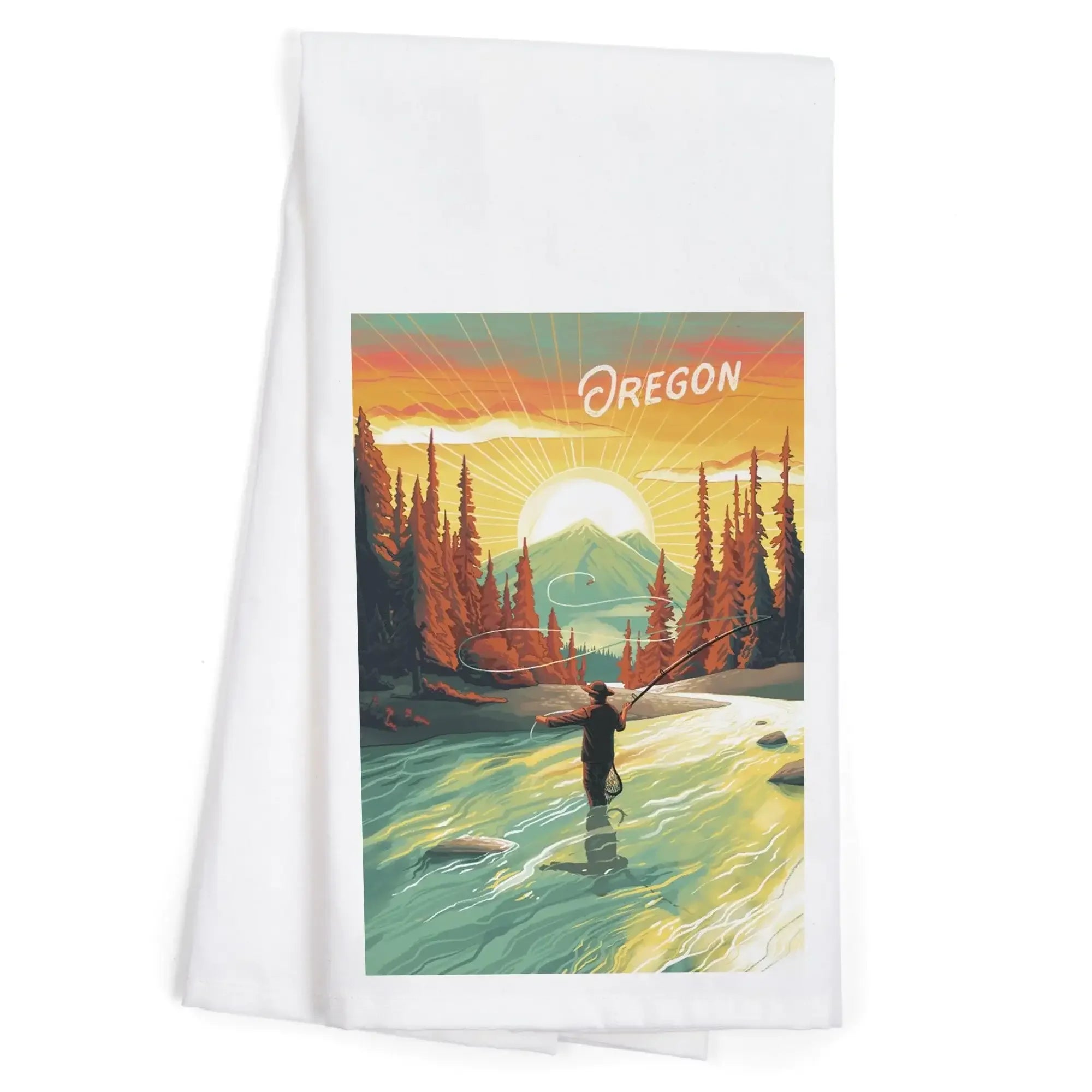 Lantern Press Oregon This is Living Fishing with Mountain Kitchen Tea Towel