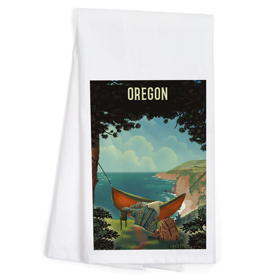 Oregon, Today's Office, Coastal Series, Hammock on Beach, Organic Cotton Kitchen Tea Towels Kitchen Lantern Press 