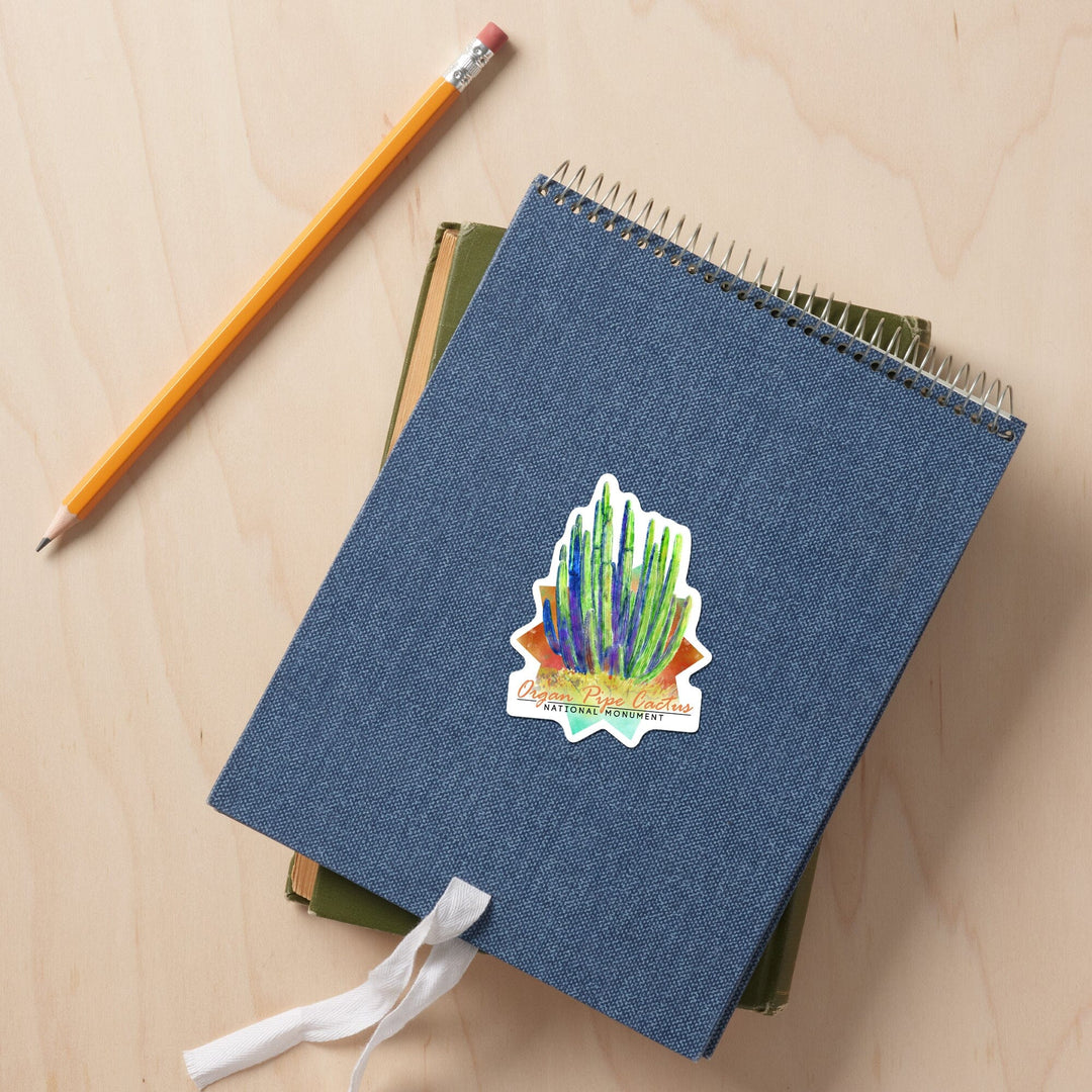 Organ Pipe Cactus National Monument, Arizona, Cactus, Watercolor, Contour, Lantern Press Artwork, Vinyl Sticker Sticker Lantern Press 