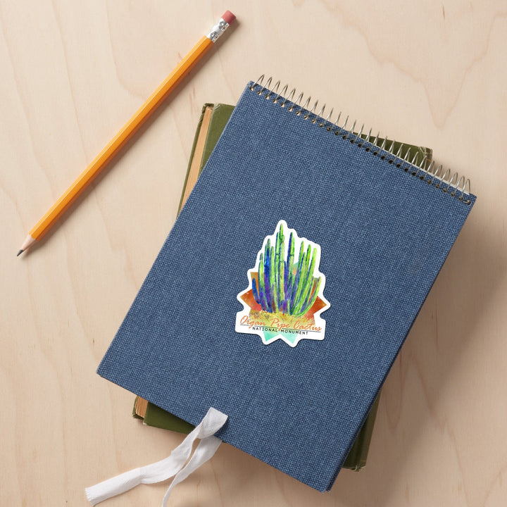Organ Pipe Cactus National Monument, Arizona, Cactus, Watercolor, Contour, Lantern Press Artwork, Vinyl Sticker Sticker Lantern Press 