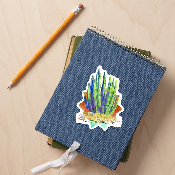 Organ Pipe Cactus National Monument, Arizona, Cactus, Watercolor, Contour, Lantern Press Artwork, Vinyl Sticker Sticker Lantern Press 