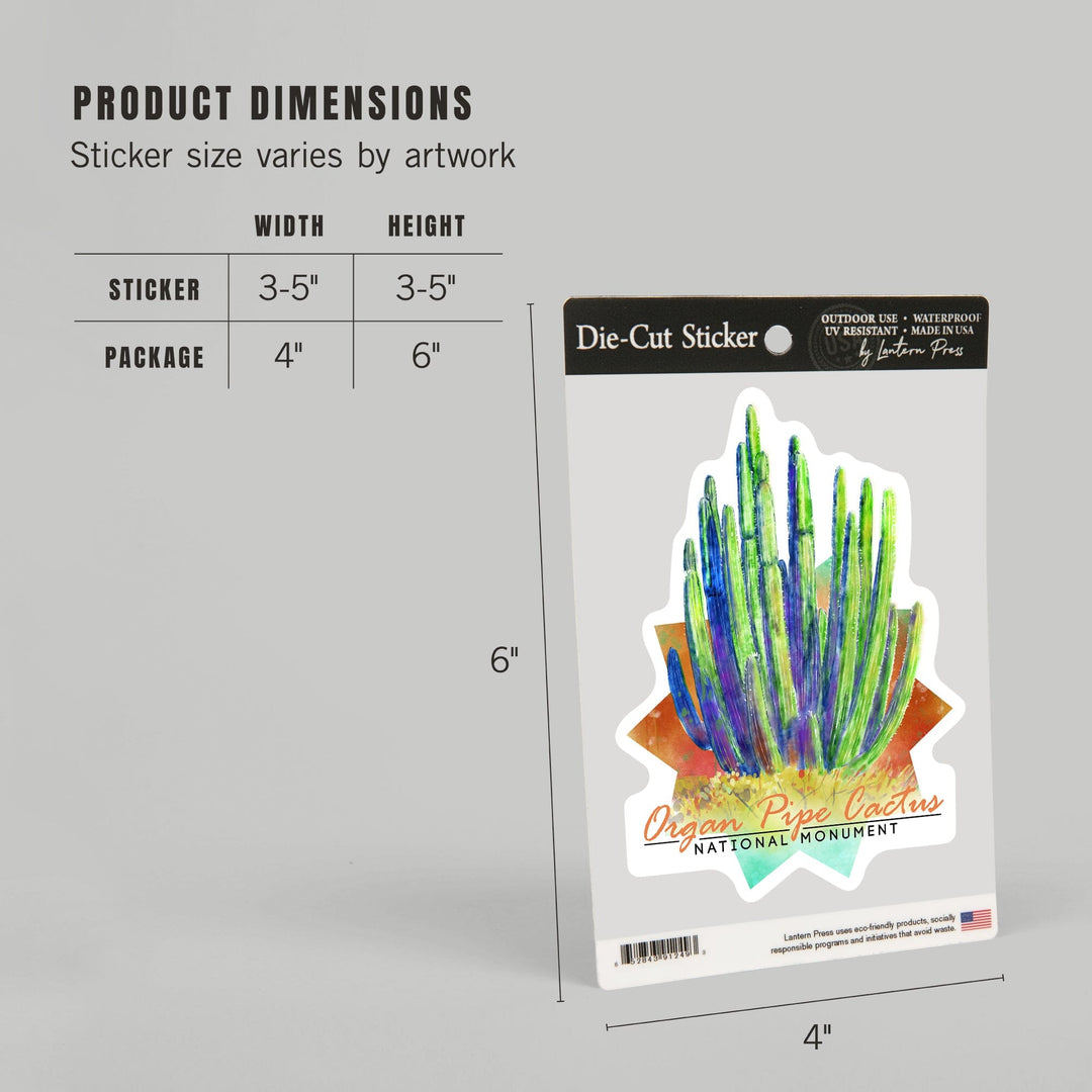 Organ Pipe Cactus National Monument, Arizona, Cactus, Watercolor, Contour, Lantern Press Artwork, Vinyl Sticker Sticker Lantern Press 