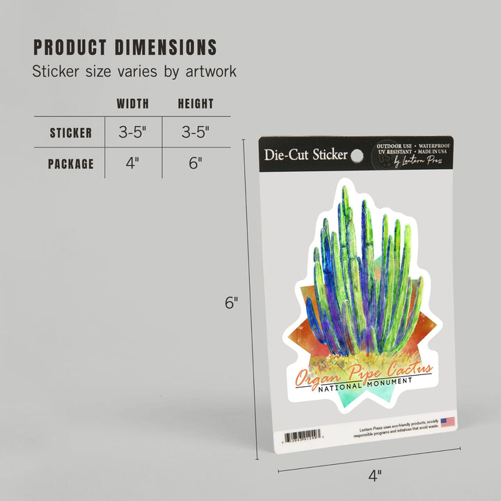 Organ Pipe Cactus National Monument, Arizona, Cactus, Watercolor, Contour, Lantern Press Artwork, Vinyl Sticker Sticker Lantern Press 