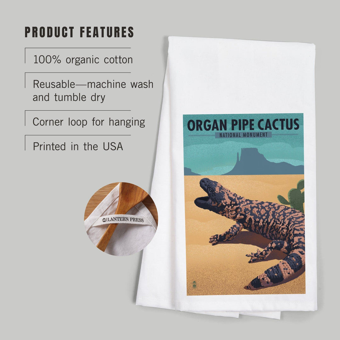 Organ Pipe Cactus National Monument, Arizona, Gila Monster, Lithograph, Organic Cotton Kitchen Tea Towels Kitchen Lantern Press 