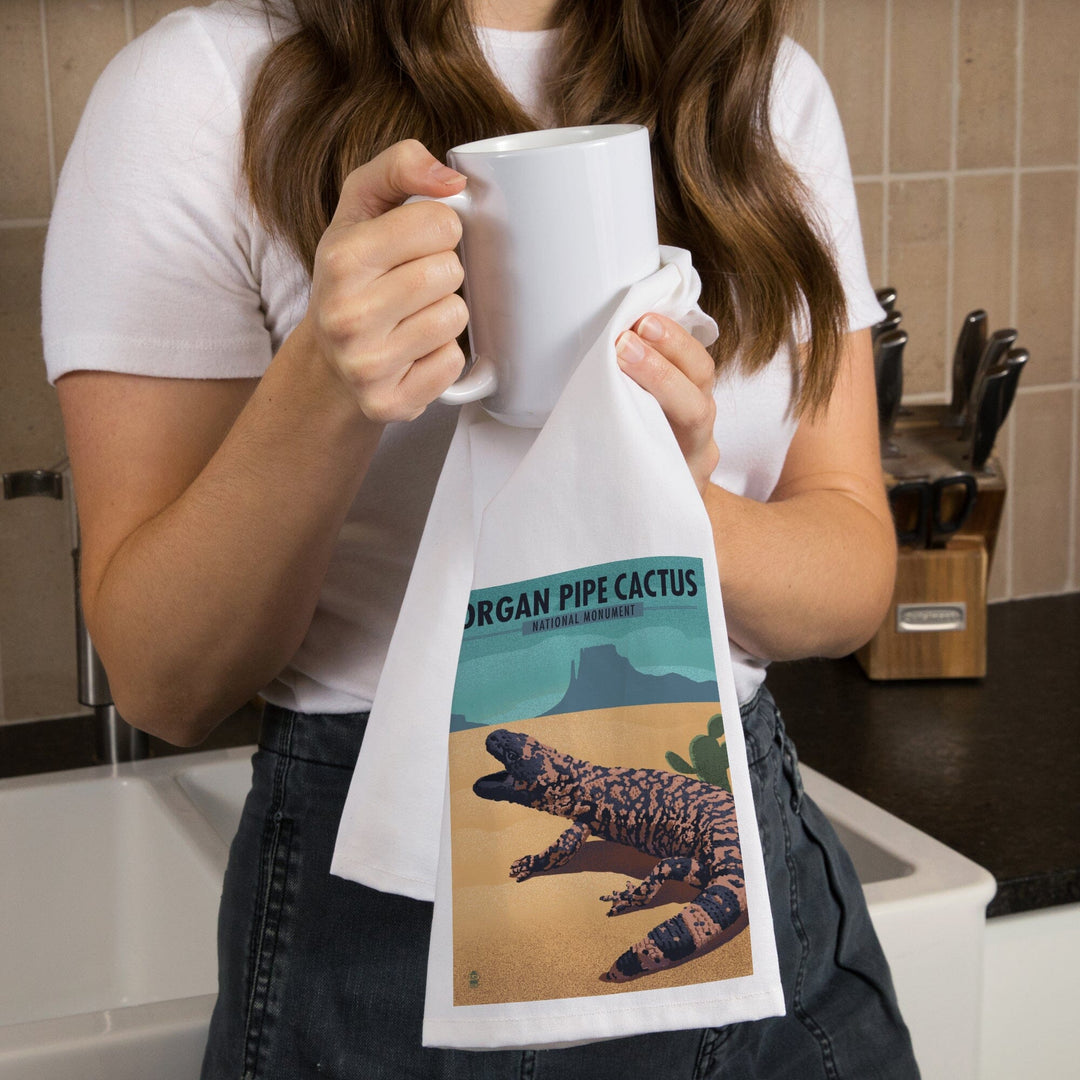 Organ Pipe Cactus National Monument, Arizona, Gila Monster, Lithograph, Organic Cotton Kitchen Tea Towels Kitchen Lantern Press 